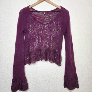 Free People Lace Trim Wool Blend Crop Sweater Bell Sleeve Women's XS Purple